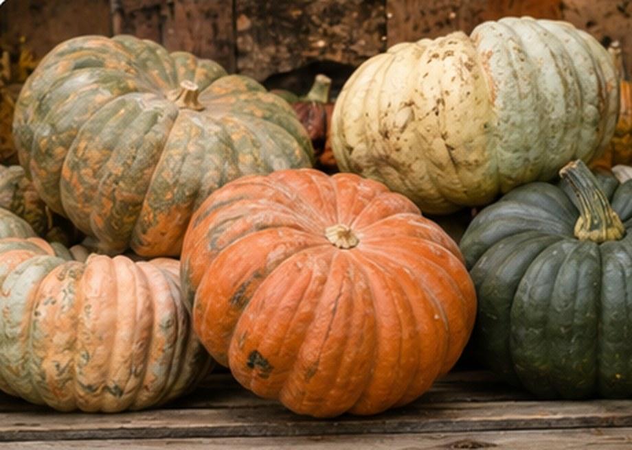 A flattened, deeply ribbed pumpkin in glowing red-orange