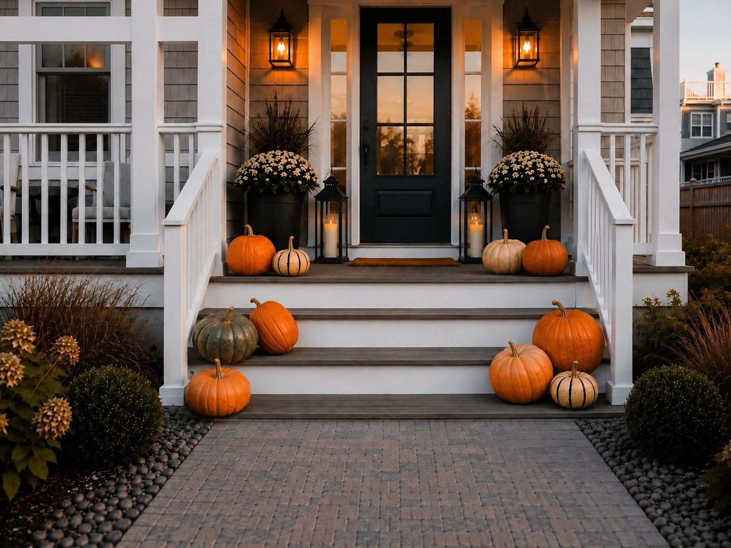 An AI rendering of a 10 pumpkin display on a porch