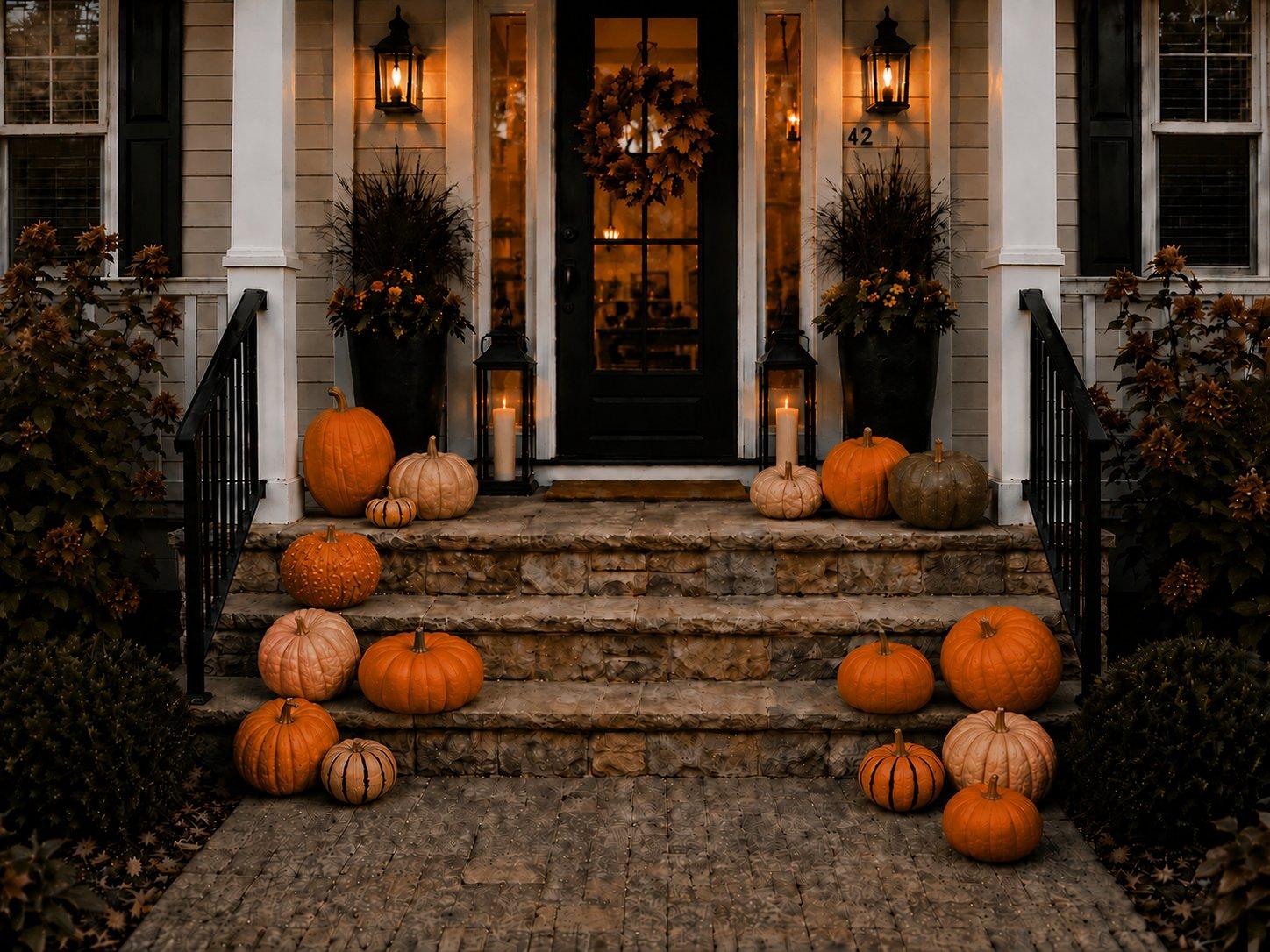 An AI rendering of a 15 pumpkin display on a porch