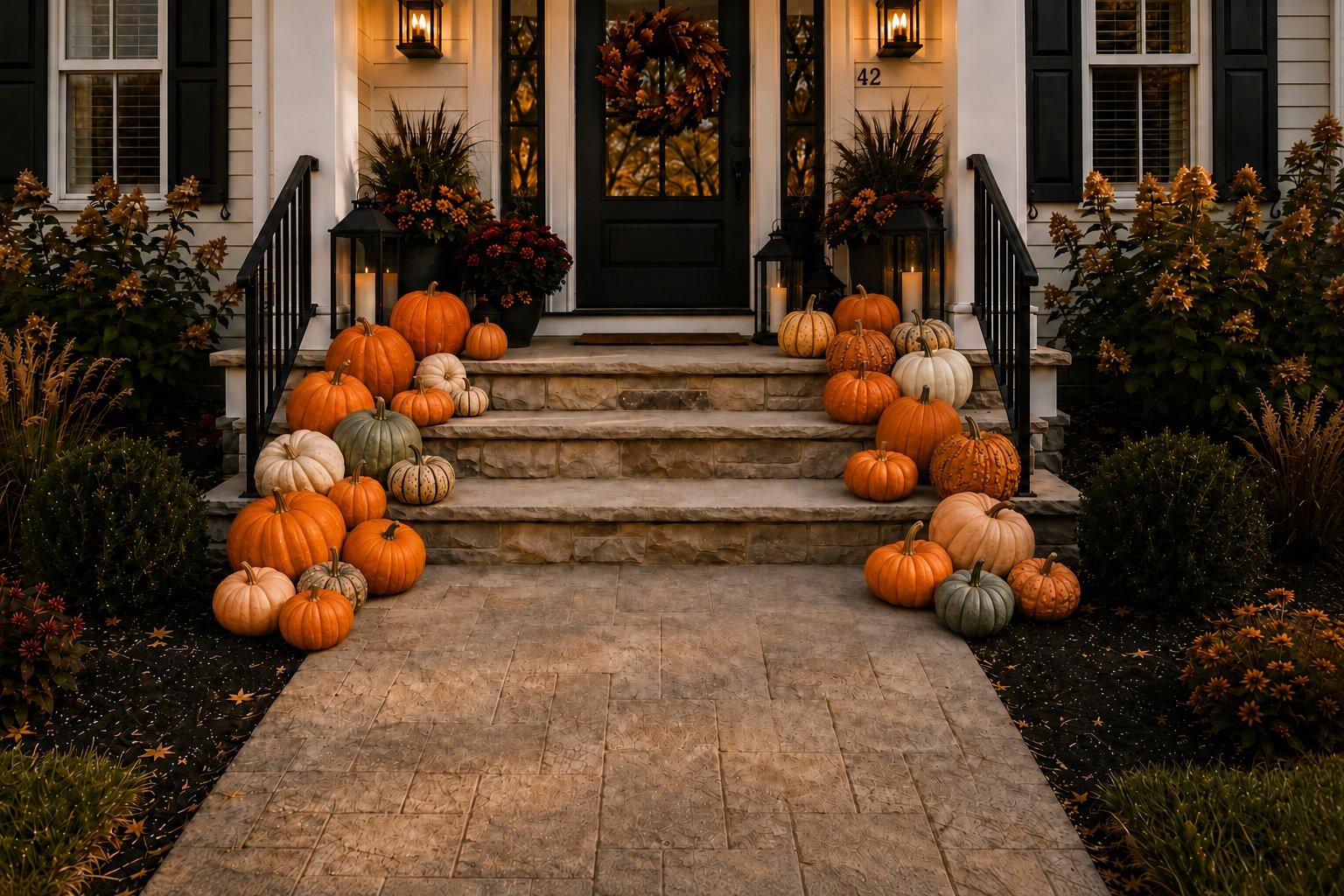 An AI rendering of a 20 pumpkin display on a porch